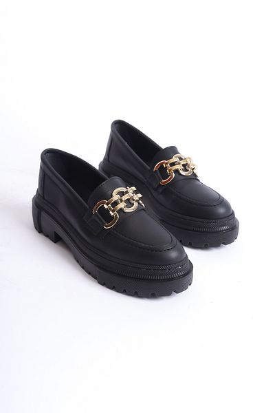 Moda Değirmeni Loafer negru pentru femei cu cataramă cu lanț - BG1095-113-0001