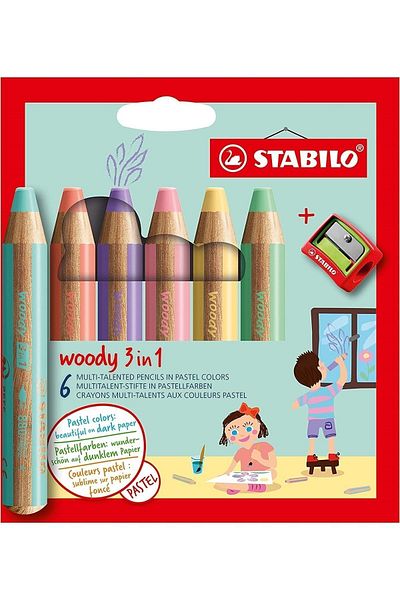 Stabilo Woody 3 In1 (Candle Paint+water Paint+ Dry Paint) 6 Pastel Colors + Pencil Sharpener
