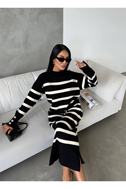 Lusin Μαύρο ριγέ μακρύ φόρεμα - Λεπτομέρεια μανικετόκουμπα