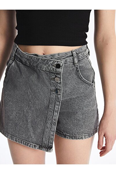 BGW Kadın Gri Standart Fit Düz Jean Şort Etek