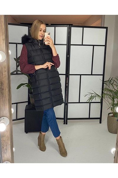 LISSE Black Hooded Furry Puffer Vest with Pockets