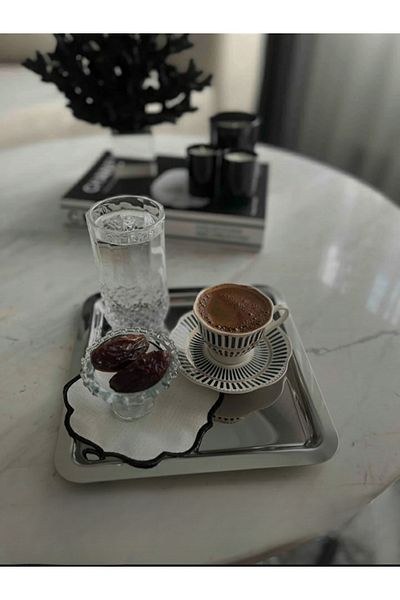 AHİR TİCARET 21X21Cm Silver Colored Stainless Steel Square Tray - Coffee Serving