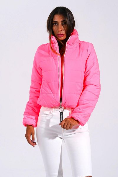 Keyifli Moda Pink Stone Printed Women's Puffer Jacket - Stand Collar