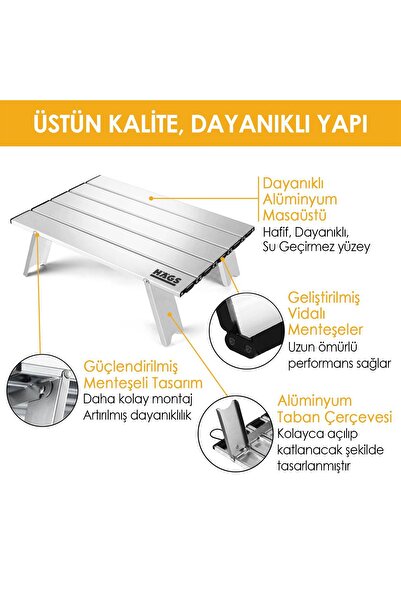 Genel Markalar Haegs Portatif Küçük Masa Alüminyum Hafif - Plaj, Piknik, Kamp, Balıkçı Küçük Sehpa Masa - Gümüş