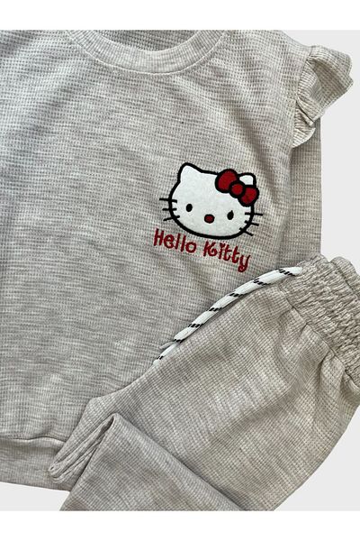 Fil Kids Κοριτσίστικο βαμβακερό ύφασμα βάφλα Γκρι Hello Kitty Κεντημένο Σετ εποχιακής αθλητικής φόρμας κατάλληλο για το σχολείο