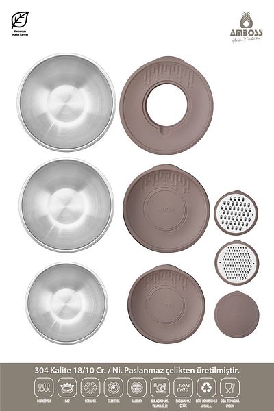 Amboss Satin 9 Piece Stainless Steel Multi-Purpose Bowl Set with Gray Lid