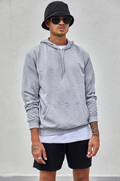 All in Men Gray Unisex Hooded Slim Fit Kangaroo Pocket Sweatshirt