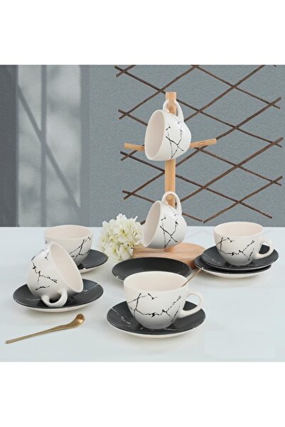 Keramika 12 Parça 6 Kişilik Çay Fincanı Mermer Desenli