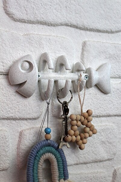 Maflen Balık Iskeleti Fishbone Dekoratif Duvar Askısı Anahtar Askısı Granit Görünümlü Beyaz 1 Adet