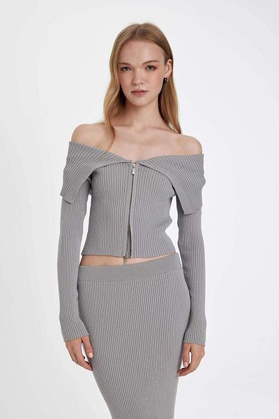 DeFacto Slim Fit Slim Fit Open Shoulder Basic tömör cipzáras kötöttáru kardigán 3163283