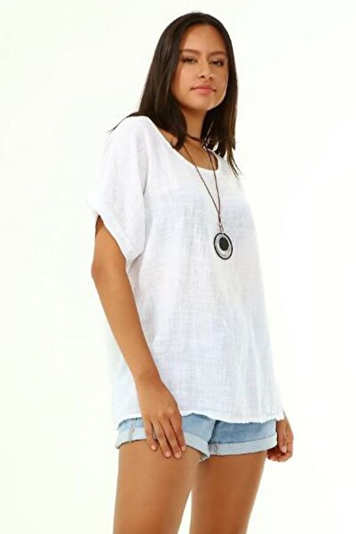 AYASOFYA OTANTIK Γυναικεία ιταλική λευκή μπλούζα oversize casual με αξεσουάρ κολιέ