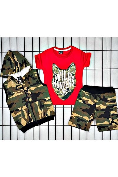 Bamira سترة للأولاد بقلنسوة وشورت مموه مكون من 3 قطع للموسم الجديد