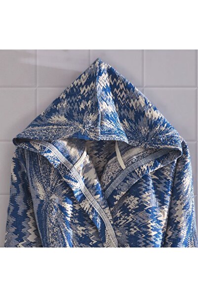 Stella Belli 100% бавовняний ручний тканий халат з капюшоном і візерунком | У коробці | Respiro | Синьо-бежевий