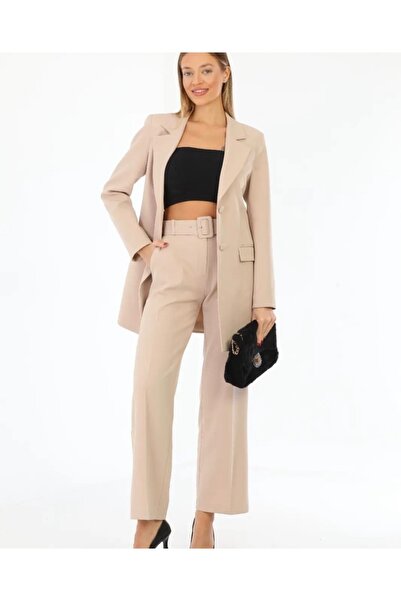 diaves Krem Uzun Kemerli Blazer Ceket ve Palazzo Kesim Pantolon Atlas Dokuma Kumaş Takım Elbise