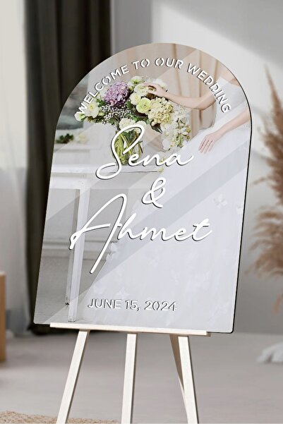 AHWART Düğün & Nişan Lüks Gümüş Pleksi Aynalı Beyaz Yazılı Karşılama Panosu