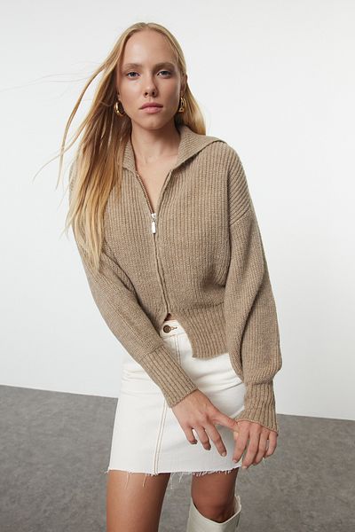 Trendyol Collection Turn-Down Collar Zippered Soft Textured Knitwear Cardigan - Mink More Sustainable Twoaw25Hi00324
