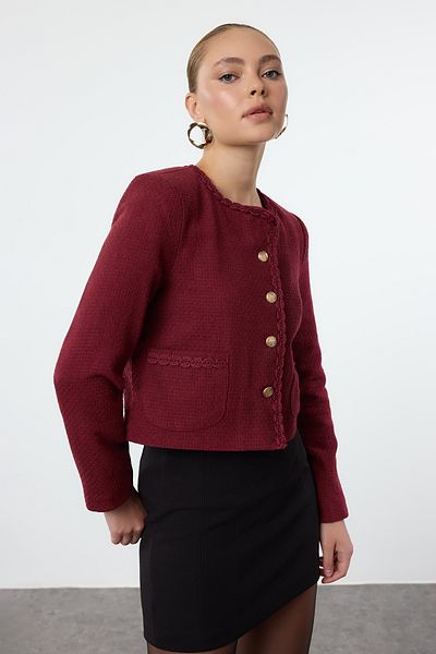 Trendyol Collection Weinrote Tweed-Kurzjacke - TWOAW24CE00043