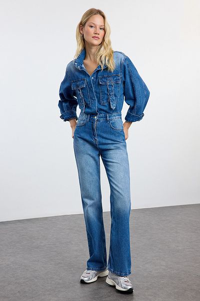Trendyol Collection Blue Cargo Pocket Detailed Denim Jumpsuit Twoaw25Tu00009