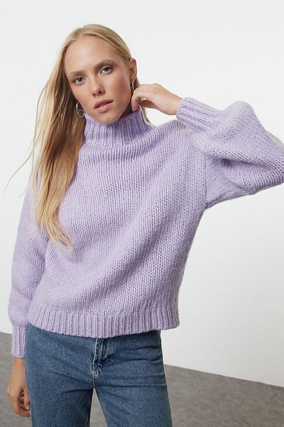 Trendyol Collection Széles szabású, lila kötöttáru pulóver - puha textúra TWOAW25KZ00058