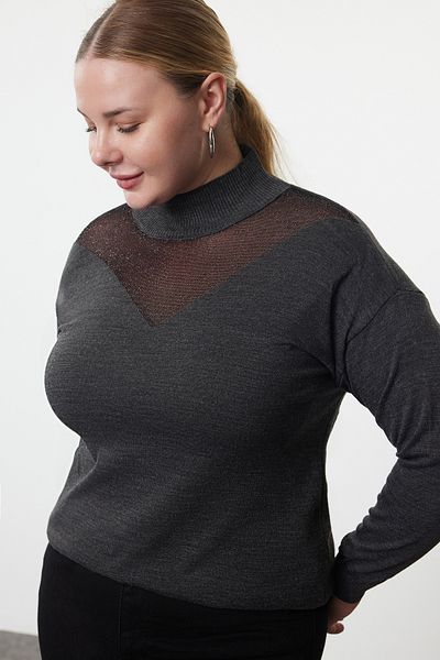 Trendyol Curve Antracitový pletený svetr s límečkem - tyl Detailní Tbbaw24An00008