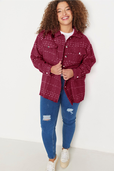 Trendyol Curve Plus Size καρό πουκάμισο με τσέπες - Tweed μπορντό Tbbaw23ax00009
