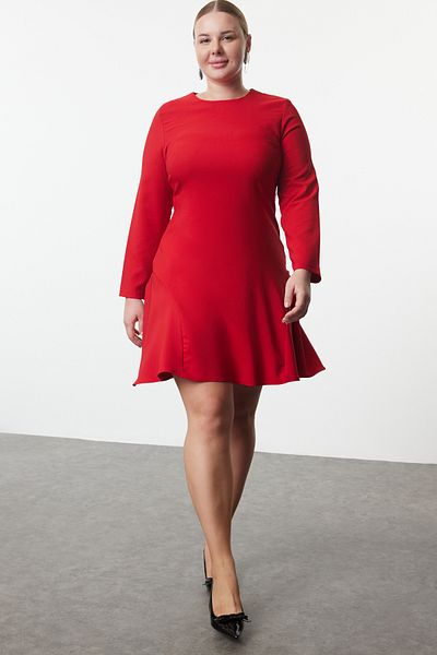 Trendyol Curve Plus Size Hidden Zip Long Sleeve Mini Dress - Red Basic Woven TBBAW25AH00054
