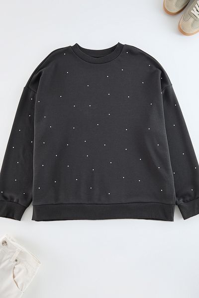 Trendyol Curve Anthrazitfarbenes, dickes, gestricktes Sweatshirt mit Steinstoff, große Größe TBBAW24SW00000