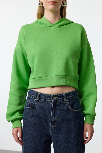 Trendyol Collection Green Fleece Hooded Crop SWeatshirt - Relaxed Fit TWOAW24sw00105