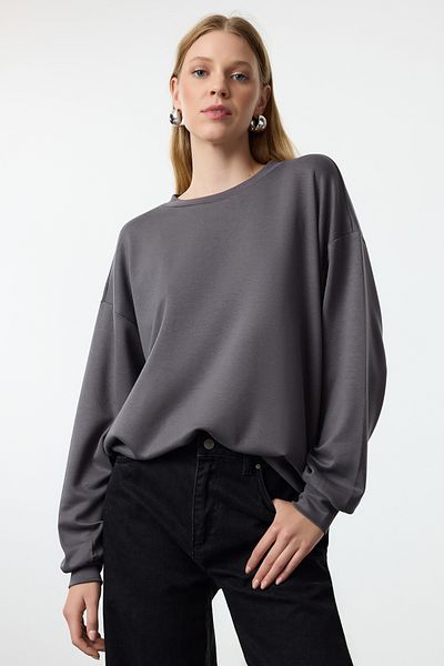 Trendyol Collection Crew Neck Anthracite Knitted SWeatshirt - Soft Button, Wide Cut TWOAW25sw00077
