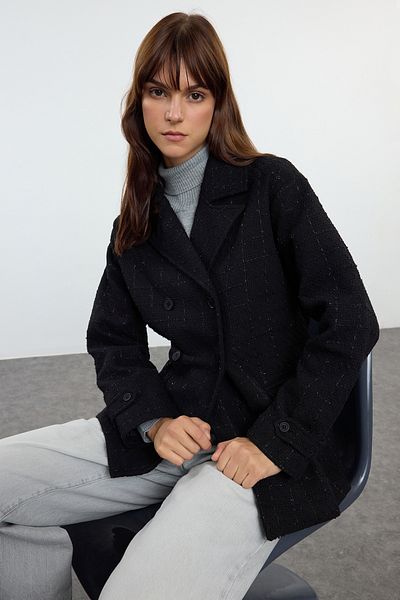 Trendyol Collection Sezonowa czarna tweedowa kurtka midi - Twoaw25Kb00067