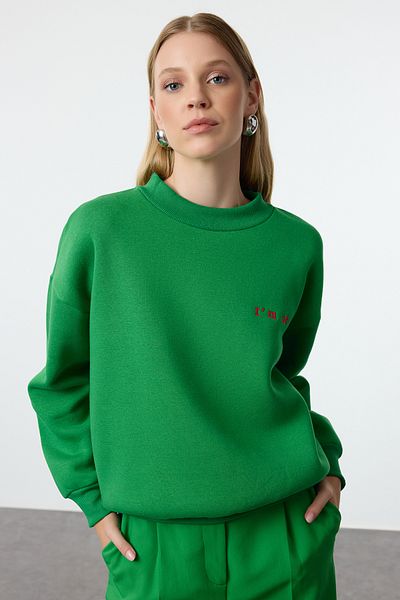 Trendyol Collection Zelená fleecová mikina s vyšívaným tlustým vnitřním lemem - Twoaw21Sw1061