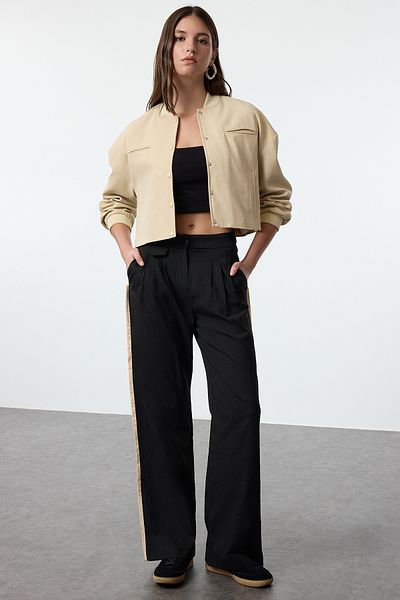 Trendyol Collection Black Linen Trousers with Wide Leg Side Stripes - TWOAW25PL00028