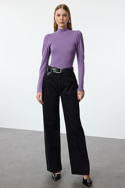 Trendyol Collection Ευέλικτη πλεκτή μπλούζα λιλά με κορδόνι - γιακάς, μπαλόνι μανίκι, εφαρμογή σώματος TWOAW25BZ00077