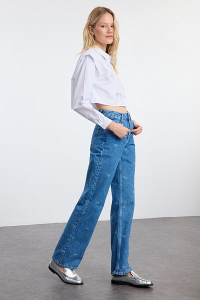 Trendyol Collection Blugi cu talie înaltă cu fundă albastră/panglică TWOAW25JE00193