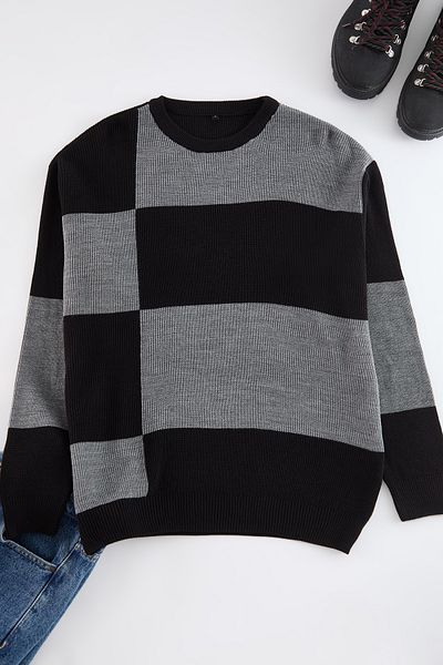 Trendyol Collection Color Blocked Μαύρο Πλεκτό Πουλόβερ - κανονική εφαρμογή, Crew Neck Tmnaw25kz00051