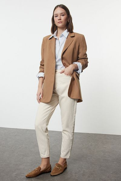 Trendyol Collection Μπεζ Premium Oversize Μπουφάν Blazer - Φόδρα, Υφαντό, TWOAW24BC00046