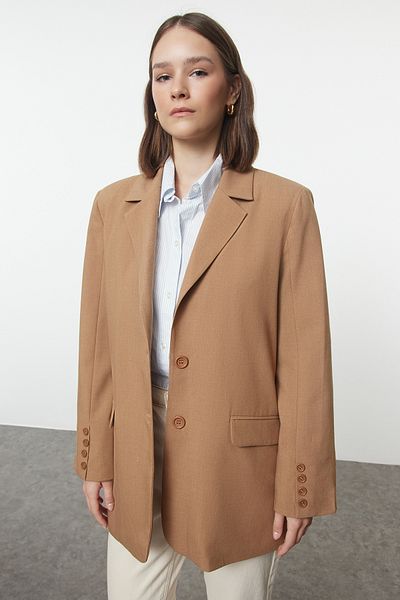 Trendyol Collection Μπεζ Premium Oversize Μπουφάν Blazer - Φόδρα, Υφαντό, TWOAW24BC00046