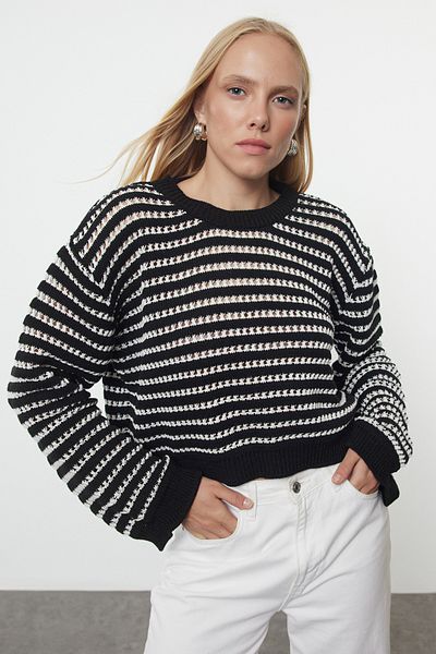 Trendyol Collection Crew Neck Striped Openwork Knitwear Sweater - Black Crop Twoaw25Kz00344