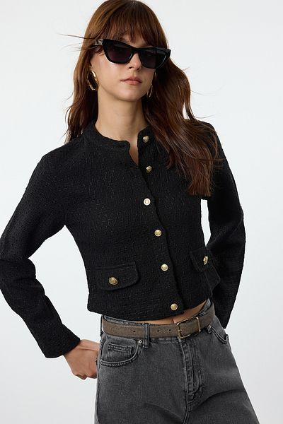 Trendyol Collection Twoaw25Ce00059 - Černá tweed Crop Woven Jacket, Regular Fit