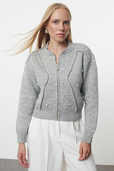 Trendyol Collection Szary, haftowany, miękki, teksturowany, zapinany na suwak kardigan z dzianiny - Twoaw25Hi00168