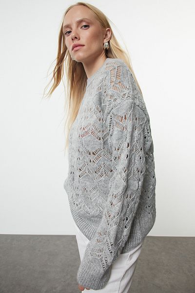 Trendyol Collection Crew Neck Gray Knitwear Sweater - Openwork/hole Twoaw25kz00339