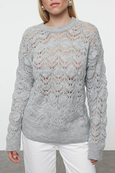 Trendyol Collection Crew Neck Gray Knitwear Sweater - Openwork/hole Twoaw25kz00339
