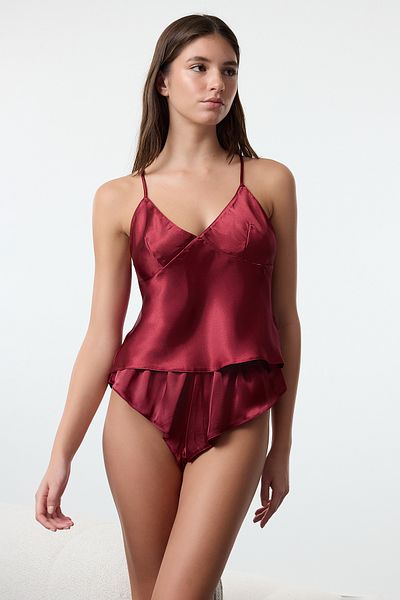 Trendyol Collection Burgundy Satin String Knitted Lingerie Set - Thmaw25cc00017