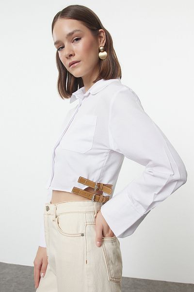 Trendyol Collection Ecru Fitted Shirt - Woven with Side Belt and Buckle Detail, Waist Fitting Twoaw25Go00043