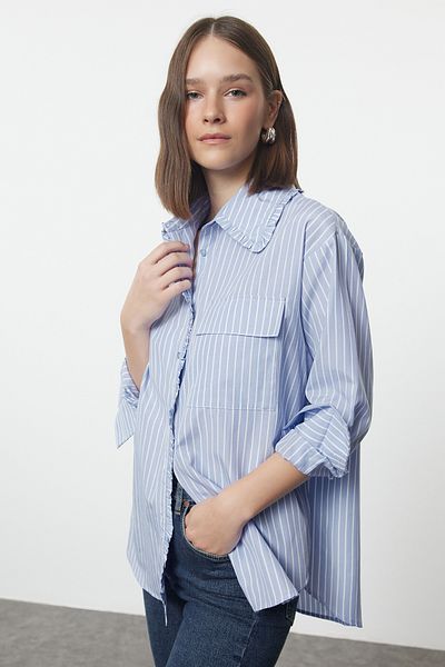 Trendyol Collection Cămașă albastră supradimensionată - Detaliu cu volane, manșetă cu mânecă lungă, potrivire largă TWOAW25GO00030