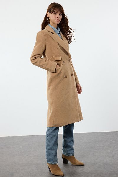 Trendyol Collection Дълго вълнено палто Camel - джоб с детайли, стандартна кройка Twoaw25Kb00043