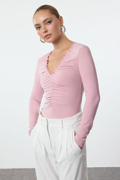 Trendyol Collection Πλεκτή μπλούζα Stretch με V λαιμόκοψη - Πούδρα κορδόνι και DrapeDetail Twoaw25bz00110