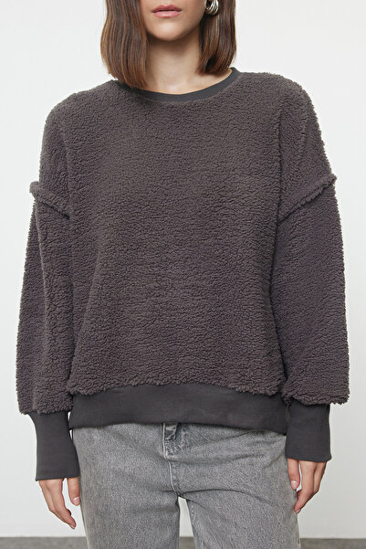 Trendyol Collection Antracitový plyš - Pohodlný střih mikina s výstřihemTwoaw25sw00071