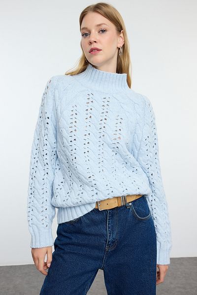 Trendyol Collection Pulover de tricotaj moale albastru deschis - guler vertical ajurat și scobit TWOAW25KZ00319