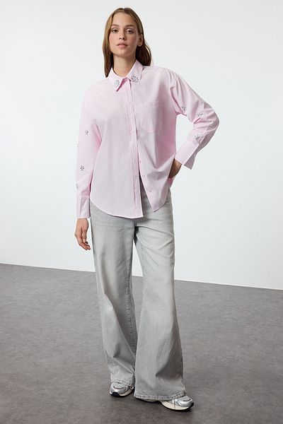 Trendyol Collection Pink Sleeves Stone Detail Overszie Wide Fit Woven Shirt Twoaw25Go00022